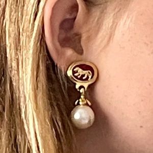 Gold & Red Jaguar Pearl Drop Clip Earrings